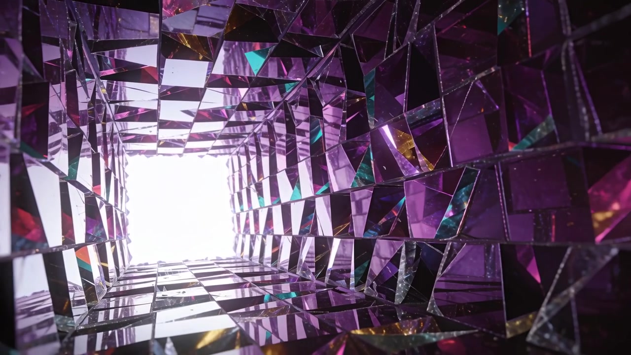 Moving camera pushing through purple mirrored shaft toward bright square to show teal flashes