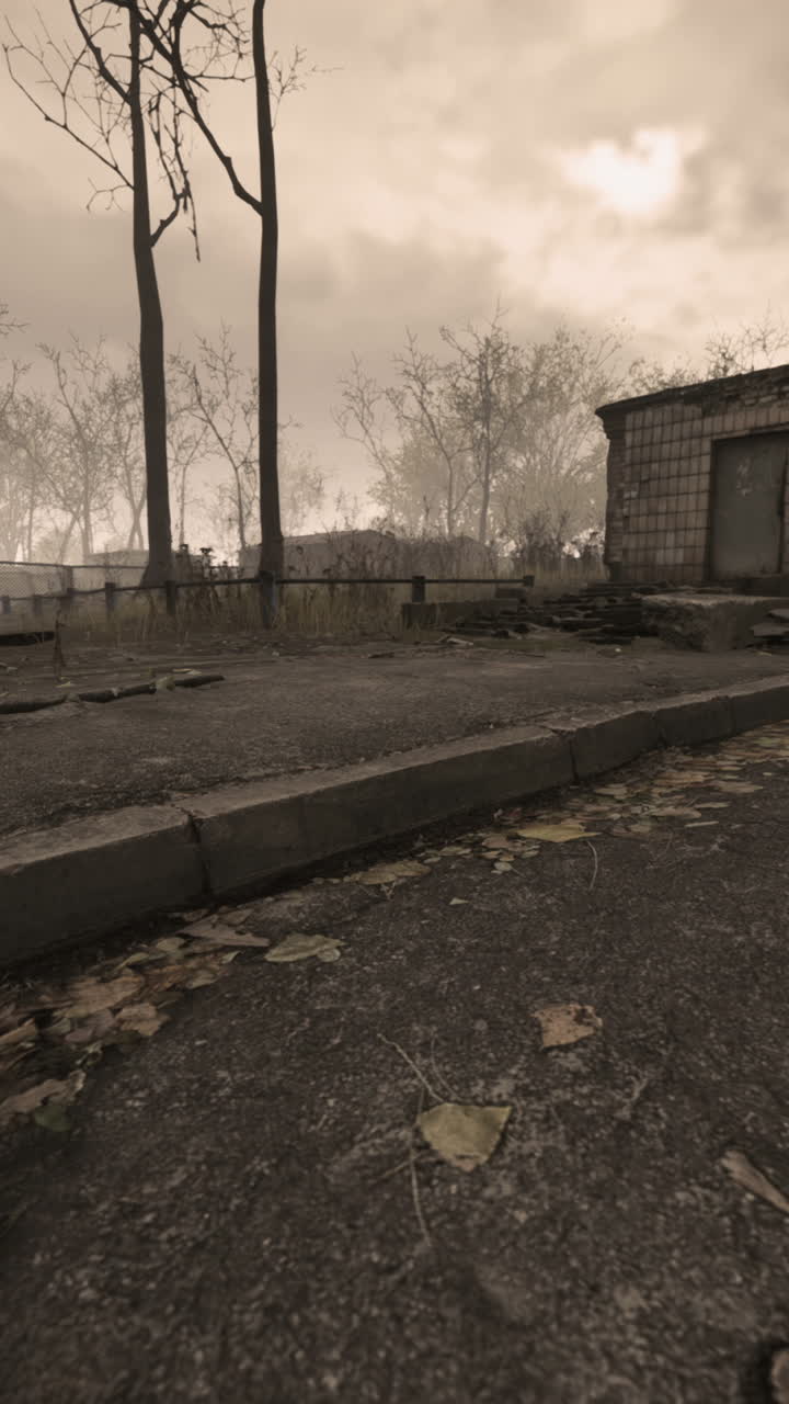 ruinas post-apocalípticas: camino sombrío y edificio abandonado