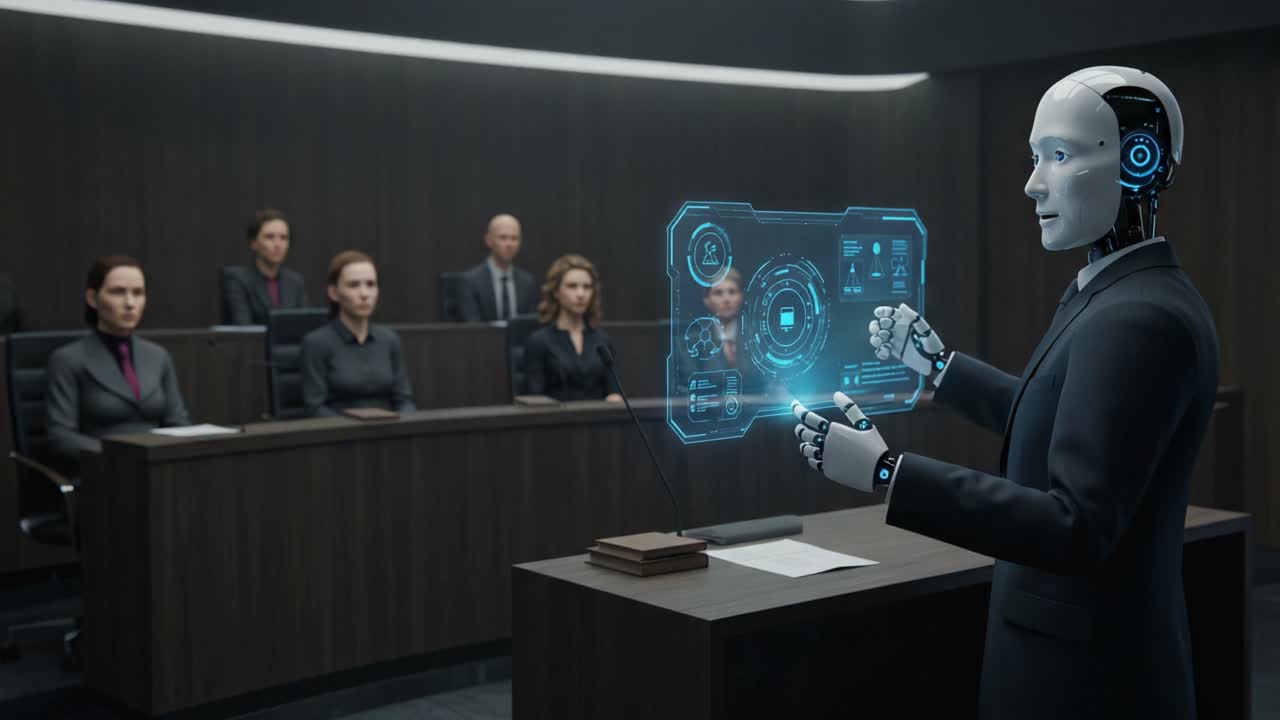 A Futuristic Courtroom Scene Featuring an Advanced AI Presenting ...
