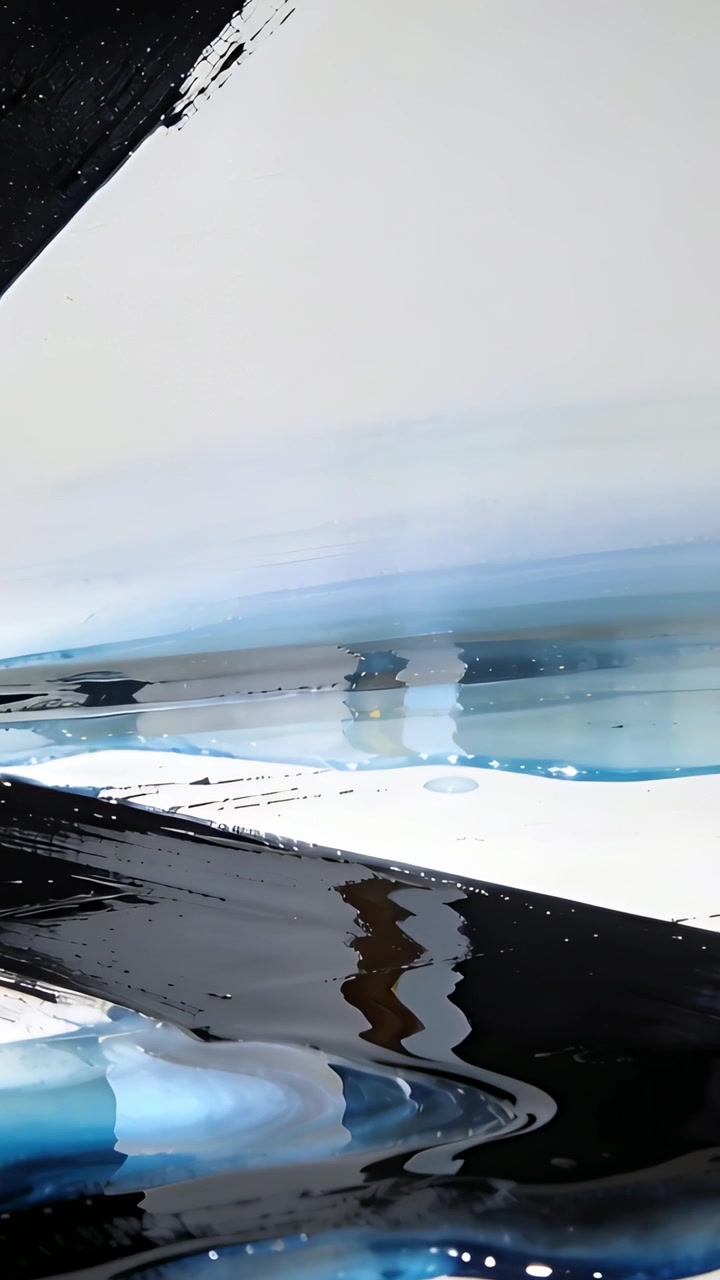 Video verticale: Pittura bagnata che scorre su tela livellandosi dopo un'inclinazione, mostrando una pennellata nera e goccioline.