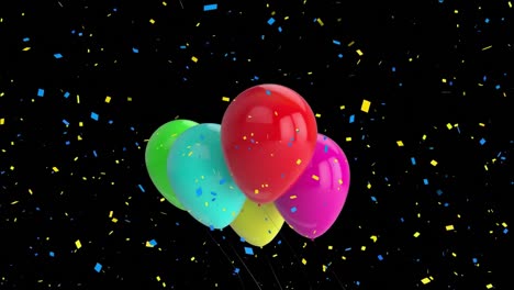 animación de globos coloridos volando y confeti cayendo sobre un fondo negro