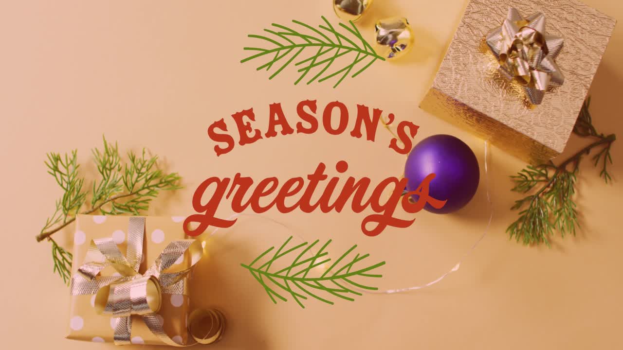 Animation of christmas greetings text over christmas presents and decorations