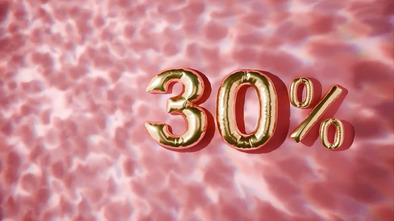 30% dorado flotando por encima de las ondas de agua en fondo rojo