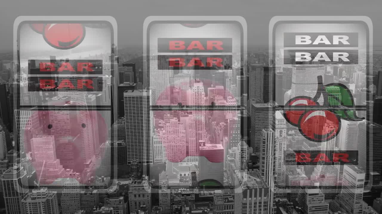 도시 풍경 위의 카지노 과일 기계의 애니메이션