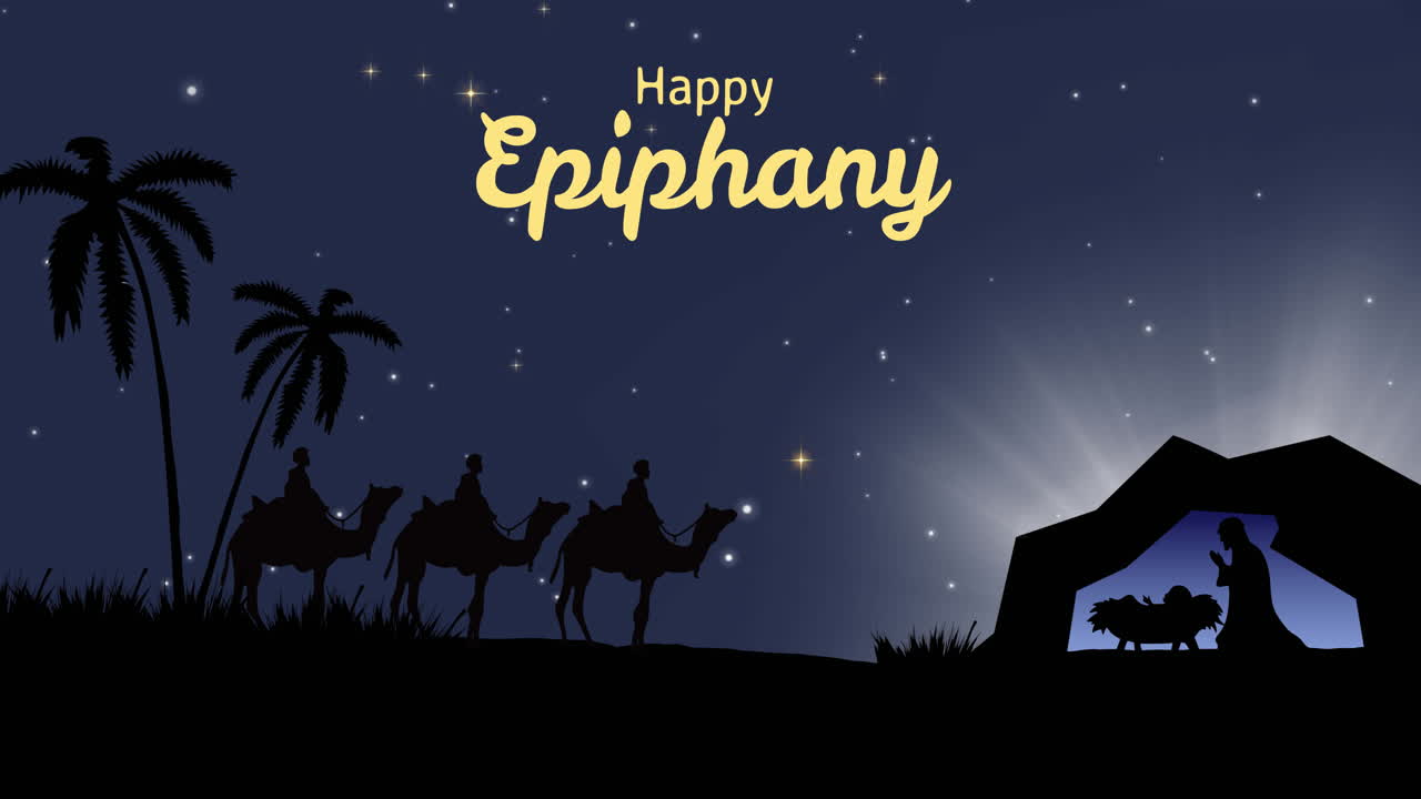 animación del texto de la feliz epifanía sobre la escena de la natividad con tres reyes y una estrella fugaz