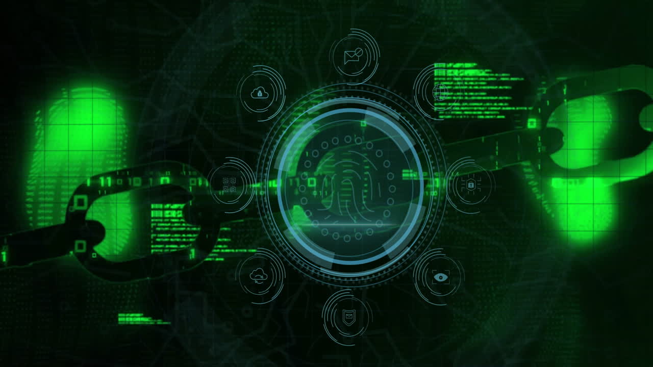 Animation of binary code and security icons on futuristic digital interface in green