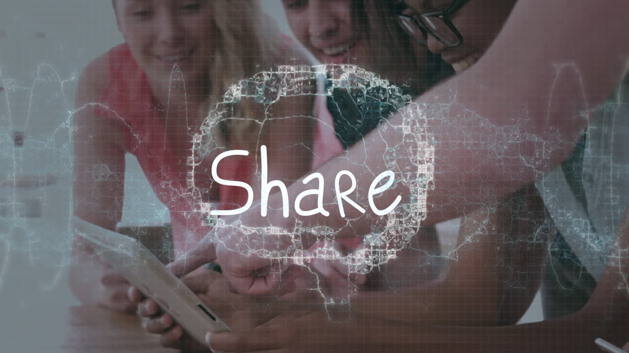 Animation of brain and share over diverse male and female coworkers working on tablet