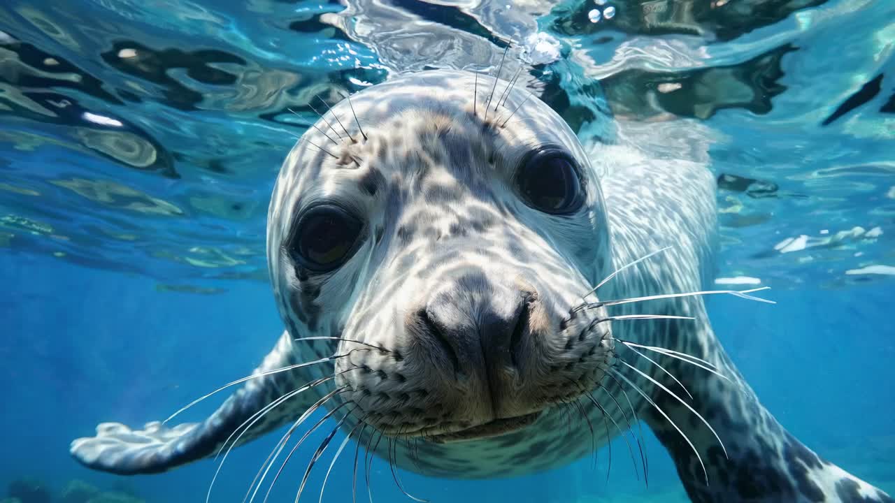 Close-up underwater video of a curious seal swimming, captured from a low-angle