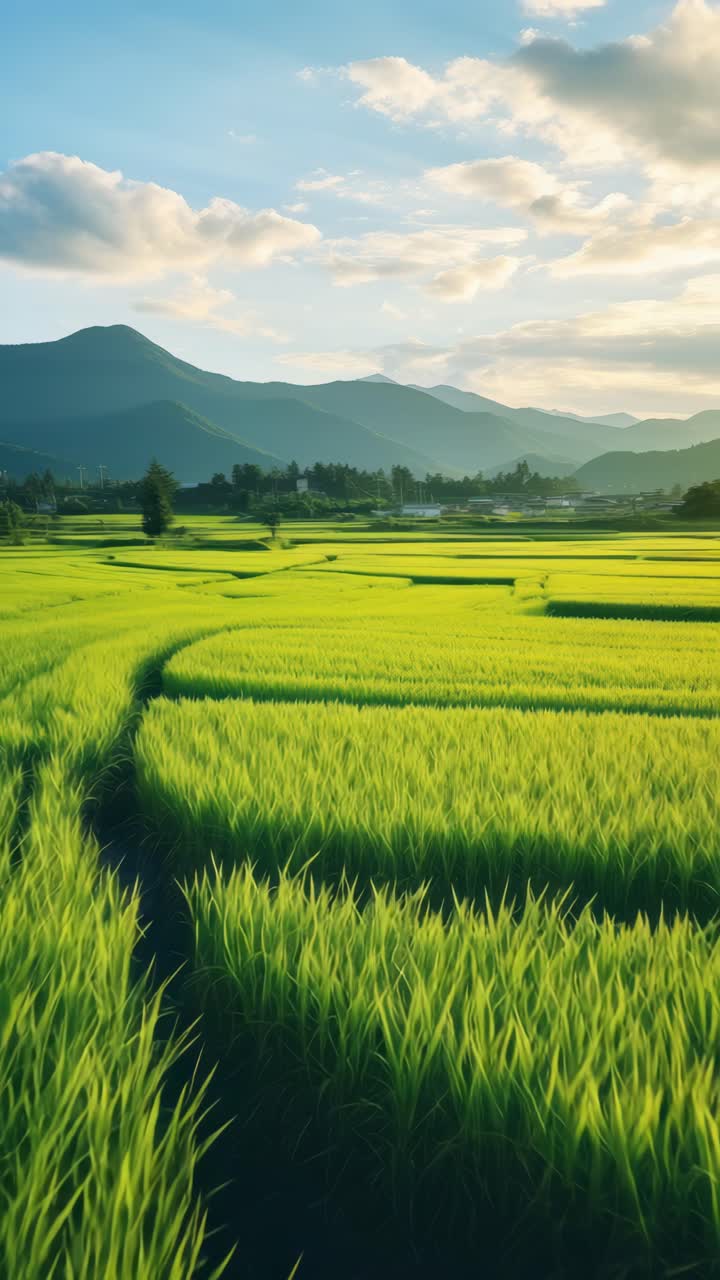Aerial video captures lush green rice fields with mountains in the background, showcasing nature's