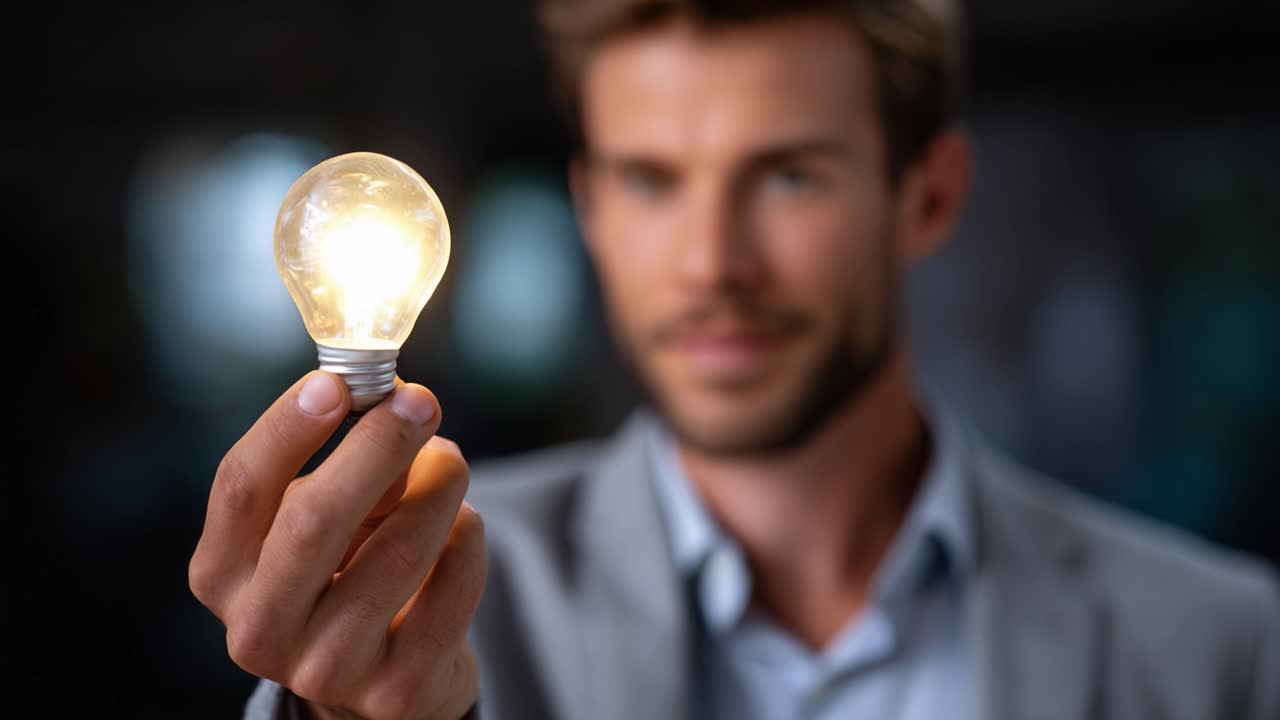 Illuminating Ideas: A Stylish Man Holding a Glowing Light Bulb Capturing Inspiration, Creativity, and Brightness in a Modern, Dynamic Atmosphere