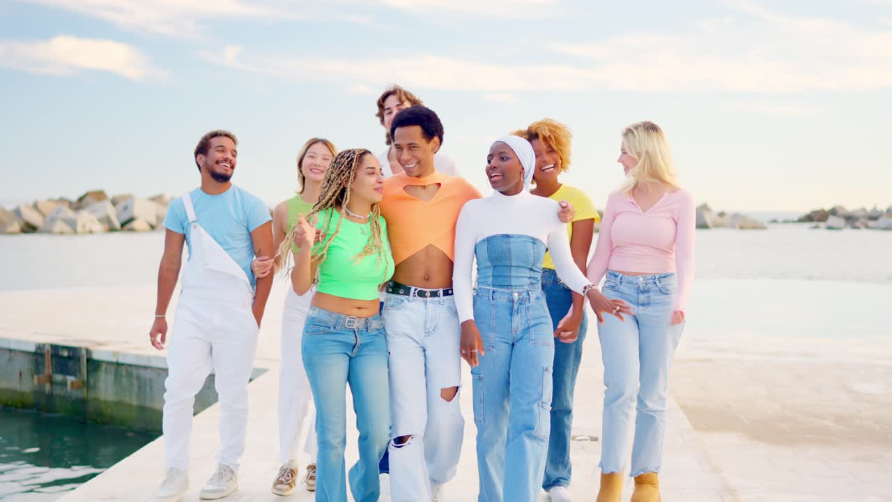 Happy multi-ethnic friends walking together along a promenade