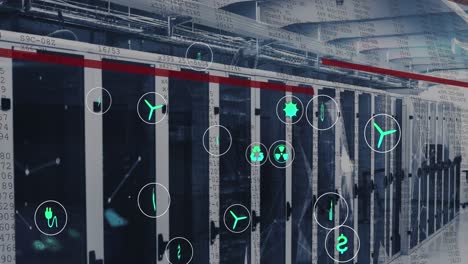 Animation-of-data-processing-and-ecology-icons-over-server-room