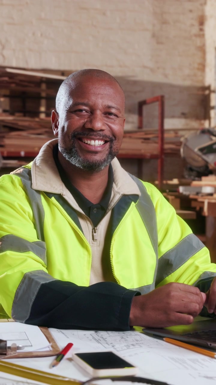 Smiling Construction Manager Working on Laptop in Workshop