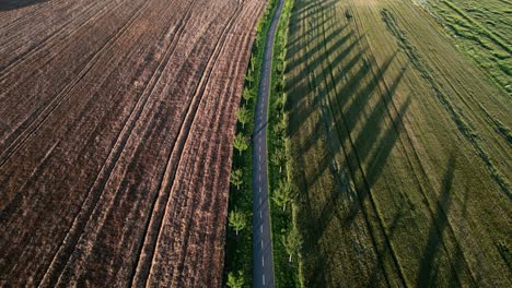 aerial drone clip following down a countryside among the fields in summer