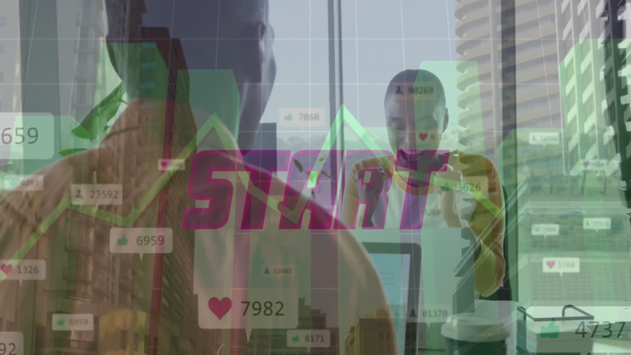 animación de iconos de redes sociales y paisaje urbano sobre diversas personas de negocios en la oficina