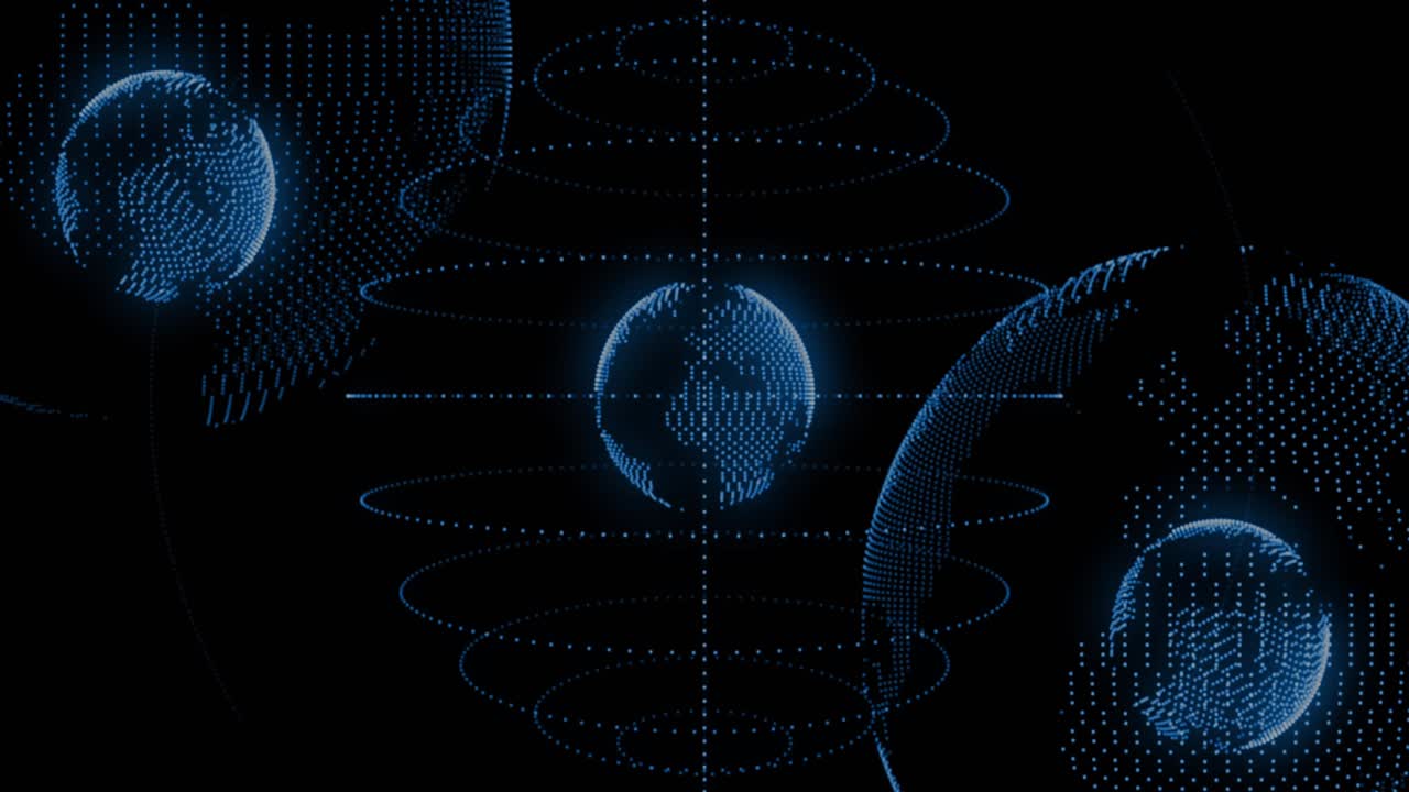 Fading in three blue dotted spheres rotating and forming red tendrils highlighting digital network