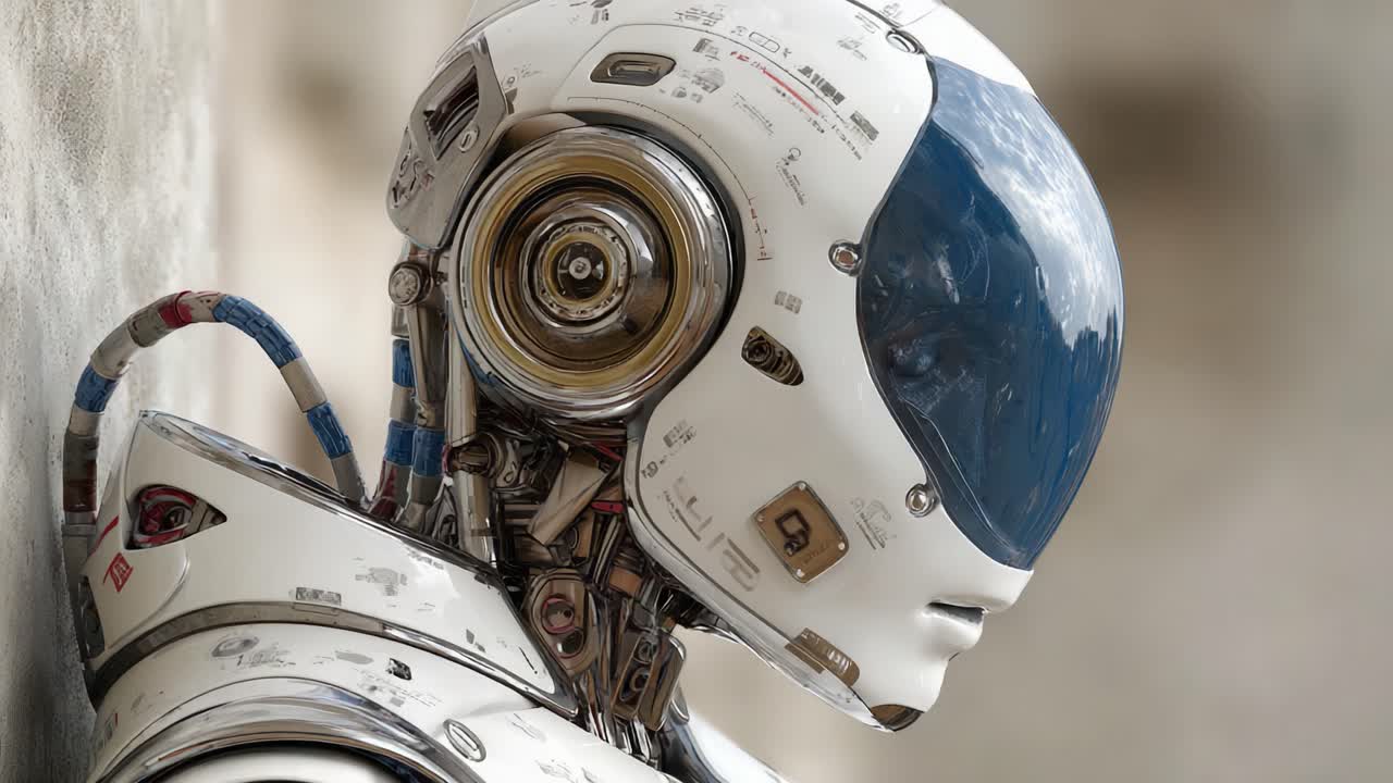 A Futuristic Exploration of Technology: An Intricate Close-Up of a Sleek Robot Head Featuring Advanced Mechanisms and a Unique Design Highlighting Innovation in Robotics