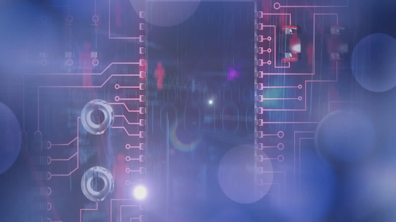 Animation of binary coding and data processing on glowing computer circuit board