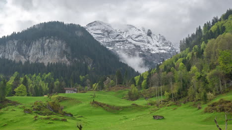 Timelapse,-Serene-Landscape-of-Swiss-Alps,-Green-Meadows,-Forest-and-Snow-Capped-Peaks-in-Moving-Clouds