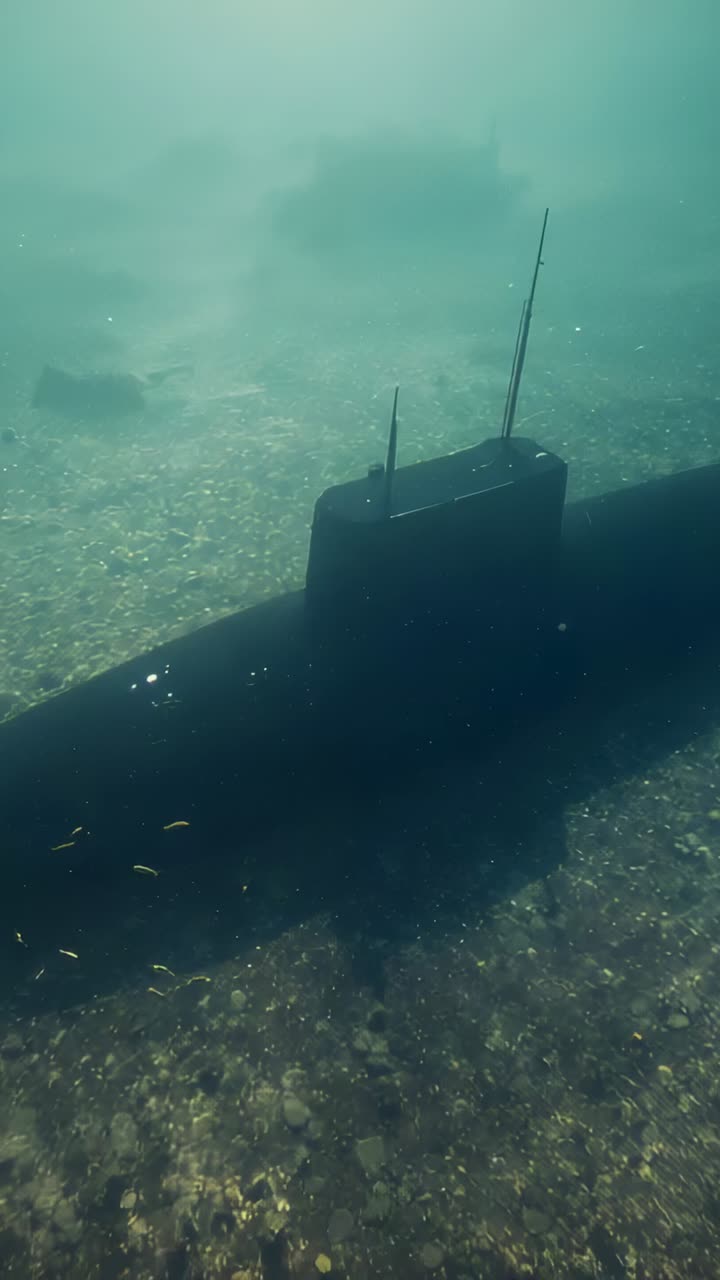 Vertical video: Panning ROV camera approaching submarine on pebbled seabed, revealing tall masts
