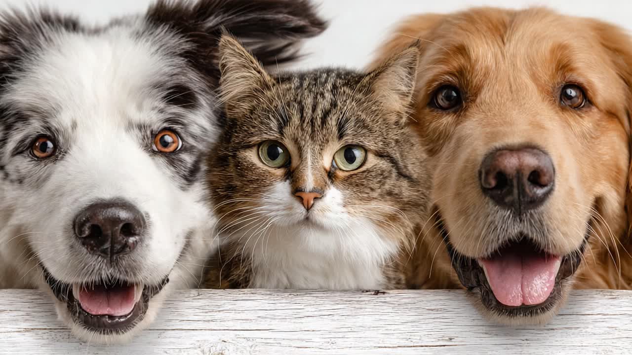 Eine herzerwärmende Zusammenkunft eines verspielten Hundes, einer charmanten Katze und eines freundlichen Golden Retrievers, die ihre einzigartigen Persönlichkeiten und liebevollen Ausdrücke in einer entzückenden Nahaufnahme zeigt.
