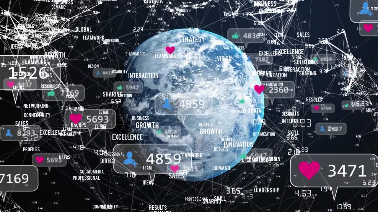 미디어 아이콘과 전 세계 연결 네트워크의 애니메이션