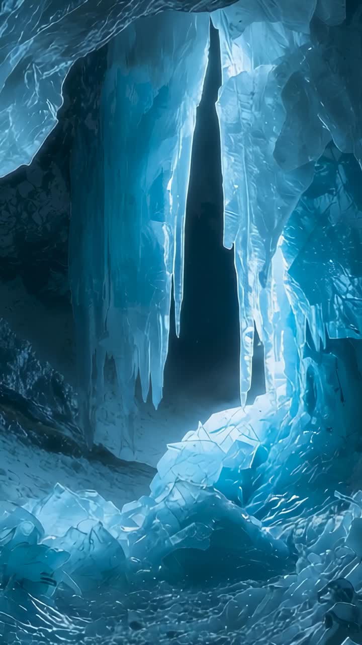 Vertical video: Camera holding steady in glacial ice cave, revealing clear icicles and jagged ice