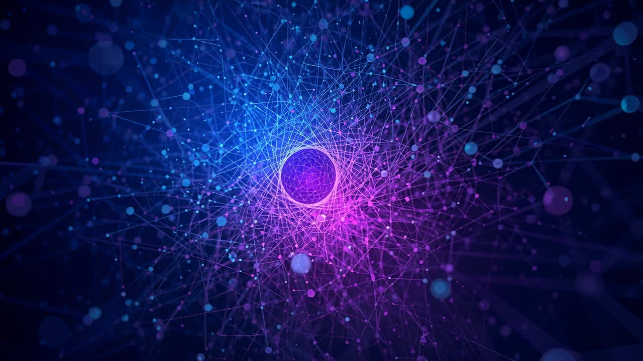 Sfera centrale luminosa che intensifica l'alone, disegnando un reticolo a maglie in un campo blu intenso con sfere.