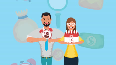 animación del día de impuestos con iconos de pareja de negocios y economía
