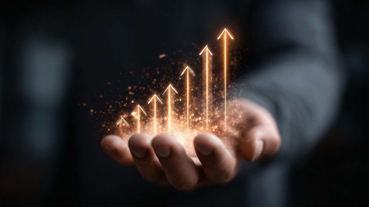 A visual representation of growth and success, showcasing ascending arrows emanating from a hand, symbolizing a prosperous future and positive outcomes in various ventures