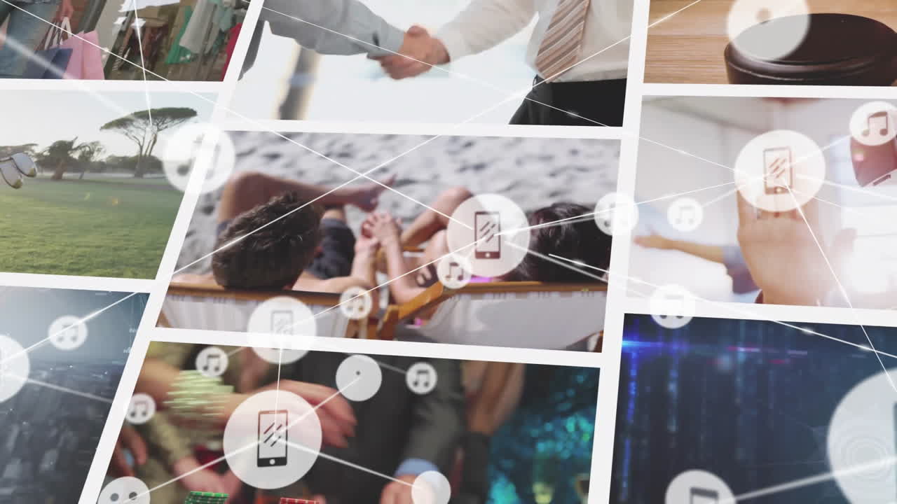 다양한 사람과 활동의 콜라지를 통해 아이콘을 연결하는 애니메이션