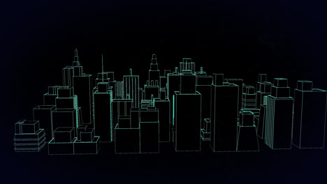 animation of 3d cityscape spinning over networks of connections on black background