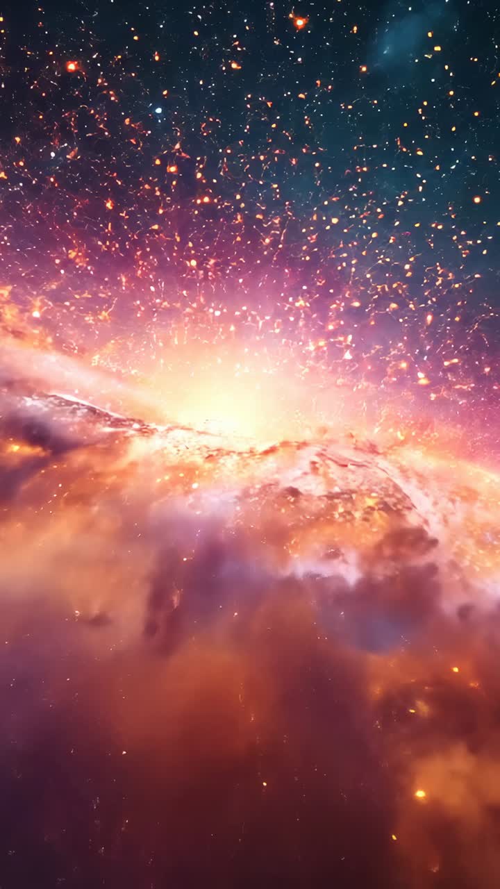 Vertical video: Zooming camera revealing galactic core, nebula in starfield with drifting particles