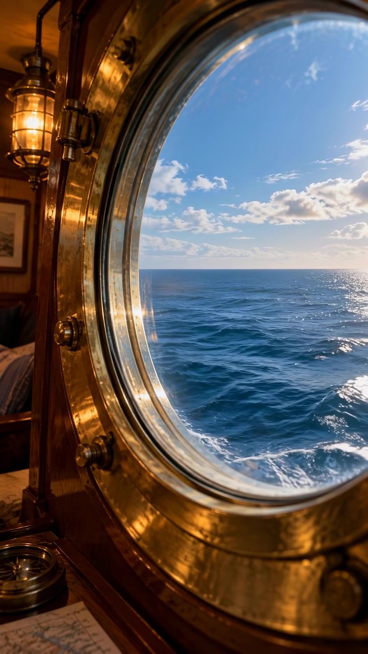 Onde mutevoli e schiuma bianca passano sul mare aperto sotto nuvole sparse mentre un telaio di finestra in ottone riflettente e l'illuminazione interna ambrata creano un caldo contrasto con l'orizzonte blu freddo.