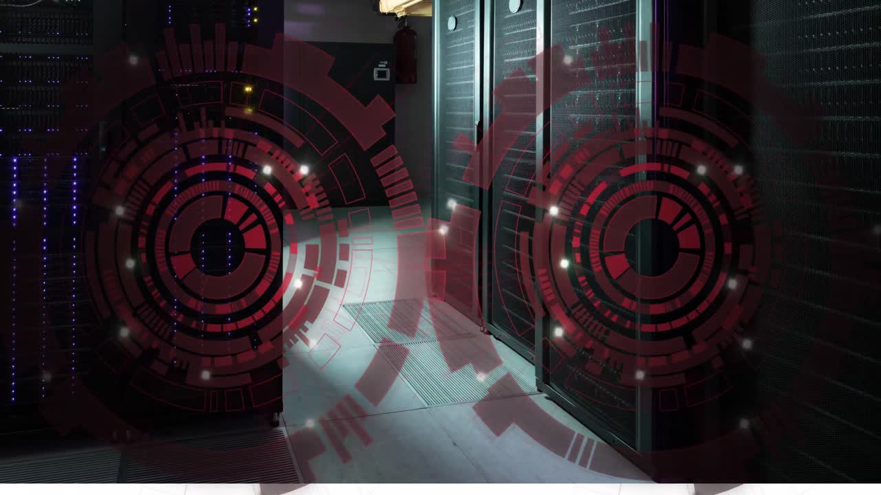 컴퓨터 서버 방에 대해 회전하는 두 개의 둥근 스캐너의 애니메이션
