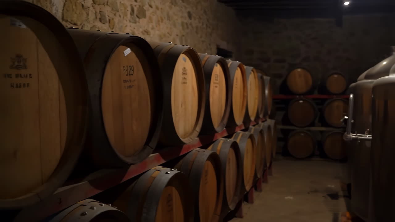 Cantina vinicola con botti e serbatoi di fermentazione