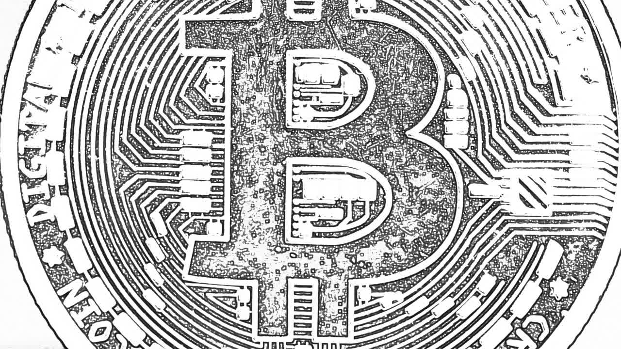 Close up of a bitcoin, black and white doodle art