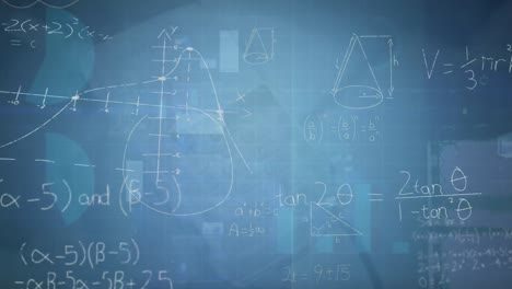 Animation-of-mathematical-equation-and-diagrams-over-graphs-and-trading-board-on-blue-background