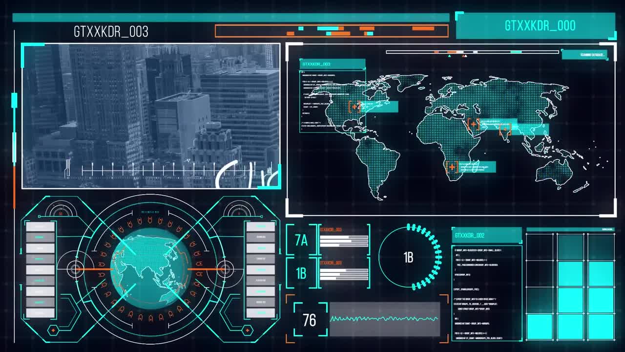 디지털 스크린의 애니메이션과 데이터 처리 및 도시 풍경
