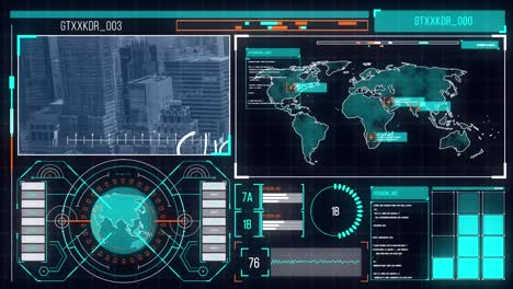 animación de pantalla digital con procesamiento de datos y paisaje urbano.