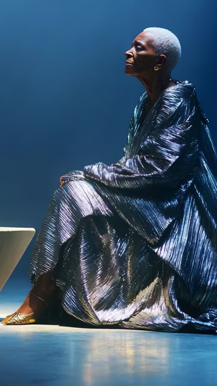 En yndefuld figur i en sølvglitrende kjole sidder eftertænksomt på scenen, oplyst af blødt, blåt lys, og udstråler elegance og balance midt i en kunstnerisk optræden.
