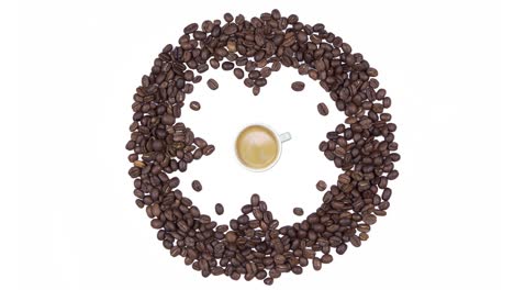 hora del café - taza de café con espuma y reloj de granos de café, animación de bucle sin costuras aislada sobre un fondo blanco