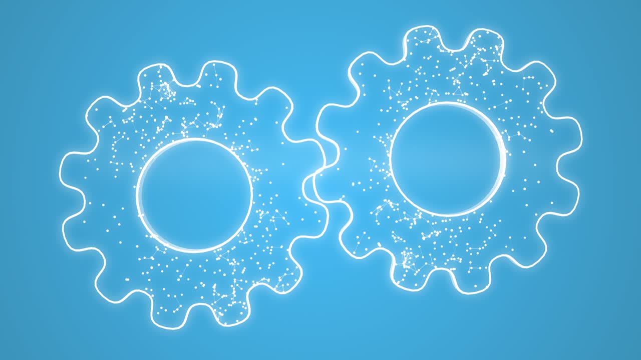 현대적인 엔지니어링: 하이테크 배경에서 움직이는 기어의 디지털로 생성된 애니메이션.