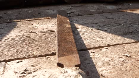 flat lay old file tool on wooden workbench in close up pan view