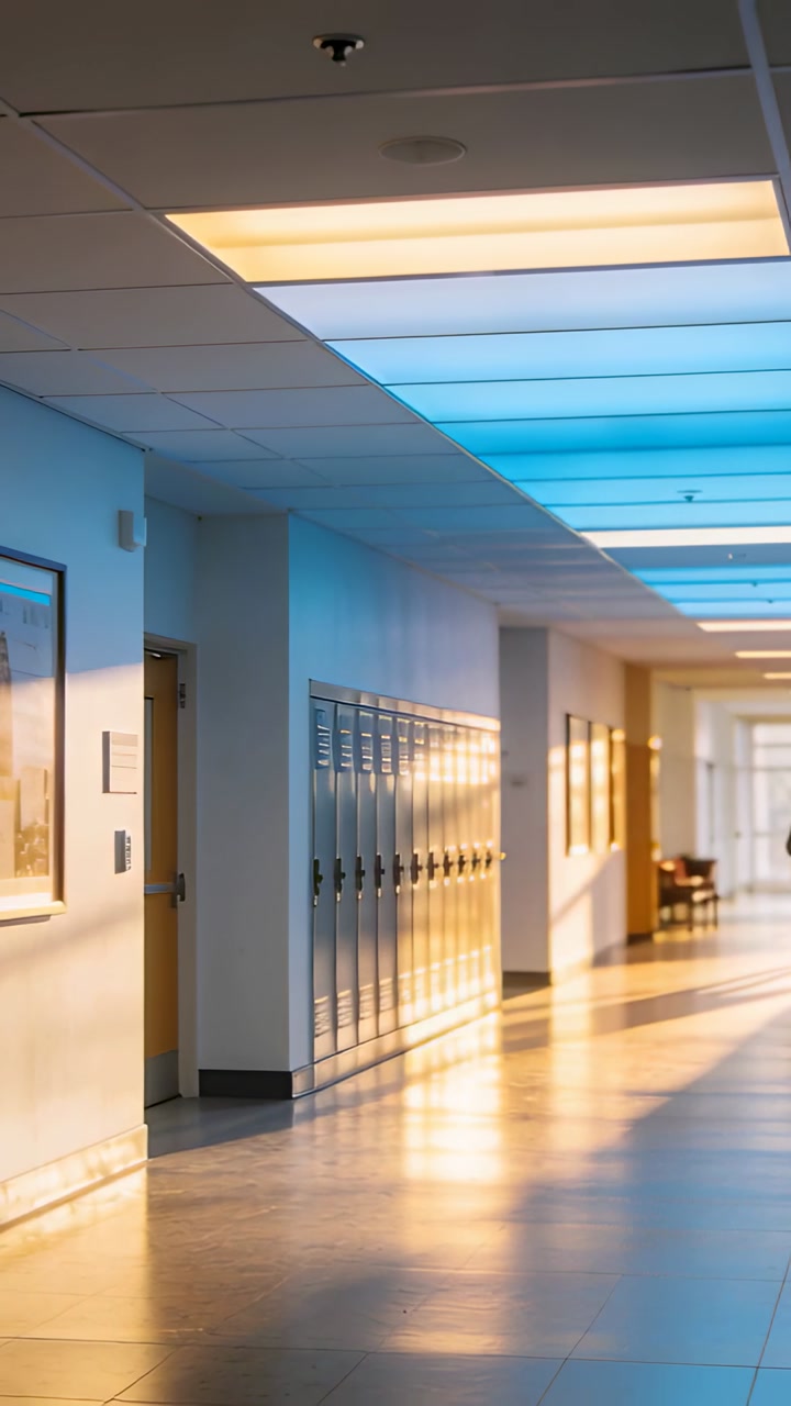 Sunlight shifting revealing student, walking past lockers down school hall toward exit