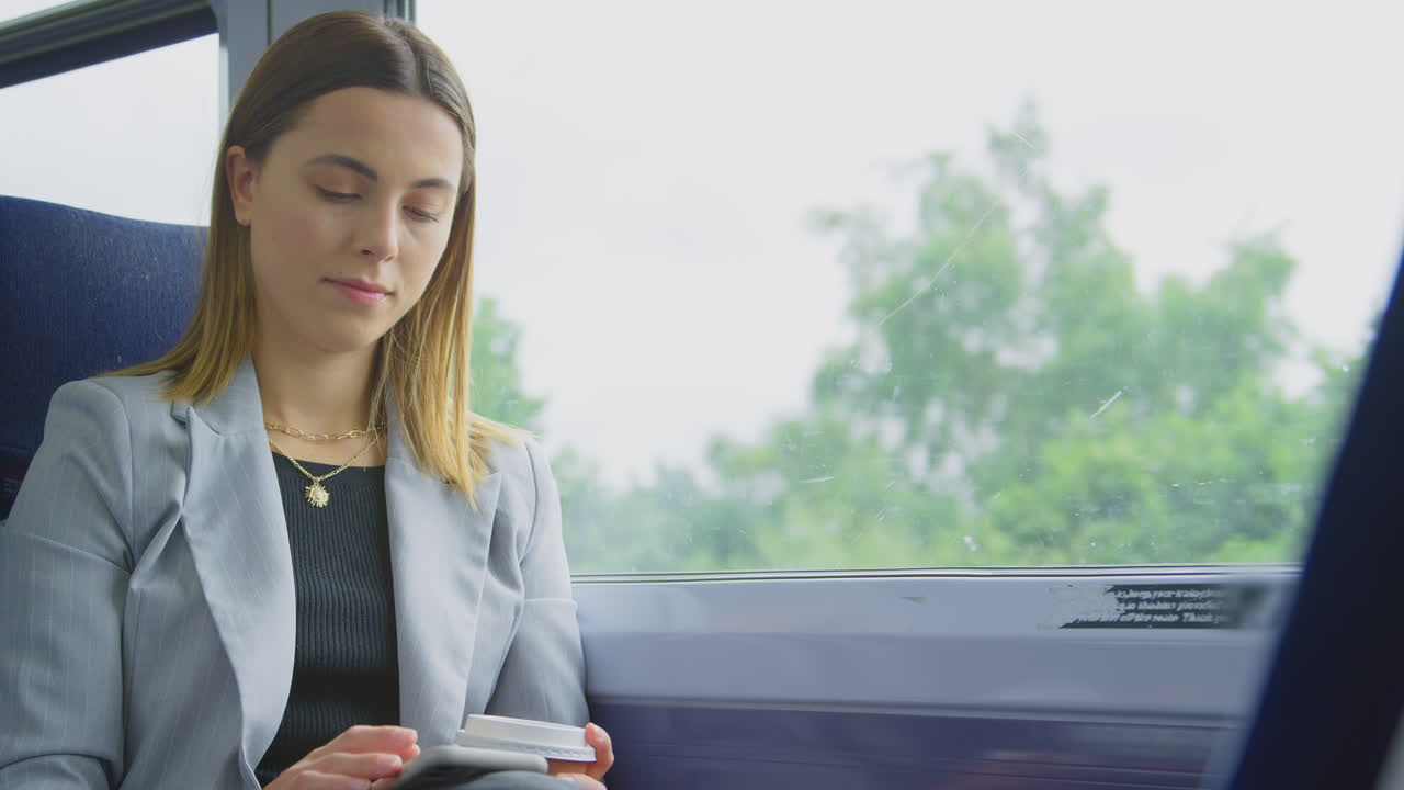 Businesswoman With Takeaway Coffee Commuting To Work On Train Looking At Mobile Phone