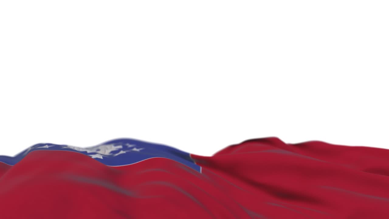 la bandera de la burma de myanmar ondeando en el bucle del viento. el estandarte de la burmesa de myanmar bordado cosido en tela balanceándose en la brisa. fondo blanco medio lleno. lugar para el texto. bucle de 20 segundos.