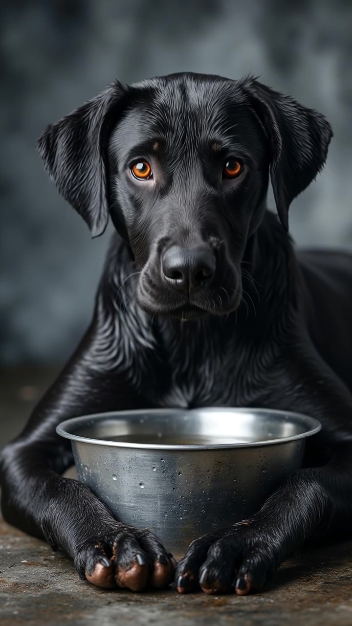 Schwarzer Labrador Retriever ruht seinen Kopf auf einem Metallwassernapf auf einem rustikalen Boden.