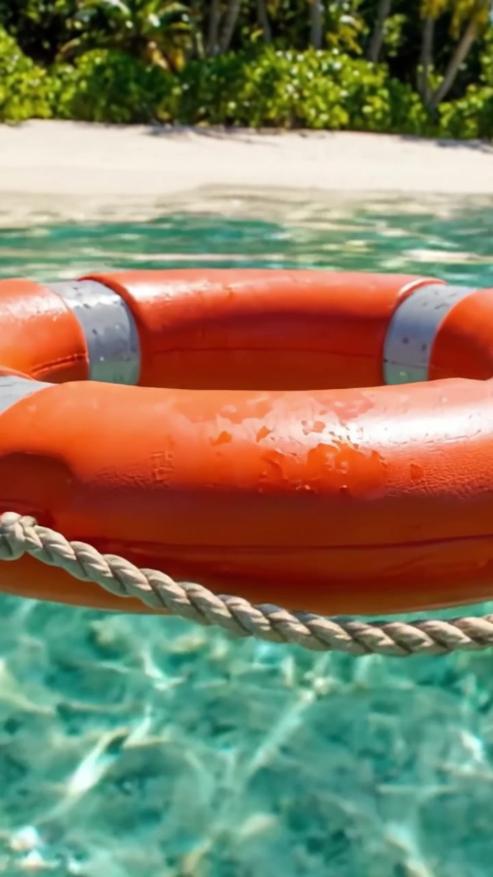 A Vibrant Orange Lifebuoy Floating in Crystal Clear Water Near a Sandy Beach, Highlighting Safety and Relaxation in Tropical Paradise