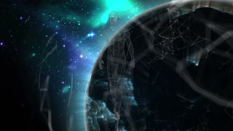 animación digital de un modelo de cuerpo humano caminando contra un globo giratorio en el espacio